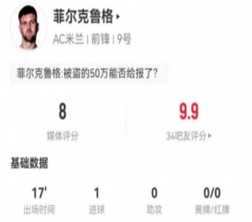 菲尔克鲁格本场替补17分钟：2射2正进1球3对抗3成功+1造犯规