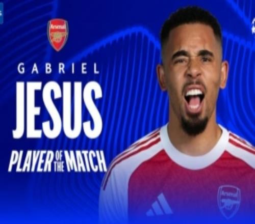 梅开二度，欧冠官方：热苏斯当选阿森纳31国米全场最佳球员