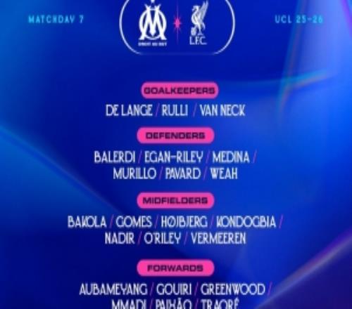 马赛对阵利物浦大名单：奥巴梅扬、格林伍德、霍伊别尔在列