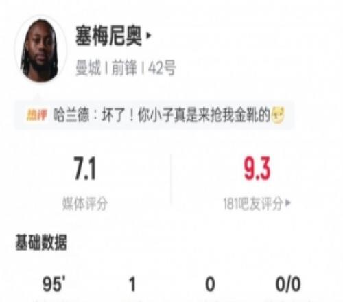 塞梅尼奥本场比赛数据：1进球1中框1解围2拦截，评分7.1