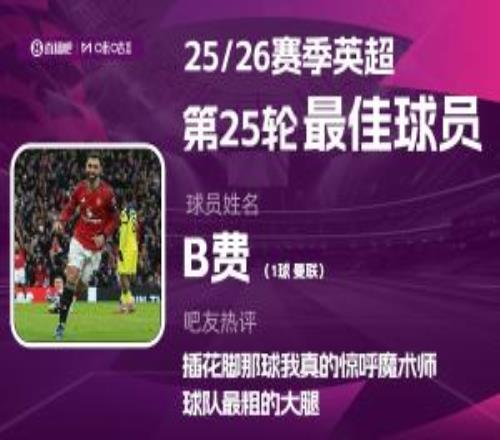 直播吧X咪咕体育英超第25轮MVP：B费当选！曼联球员连续5轮获奖
