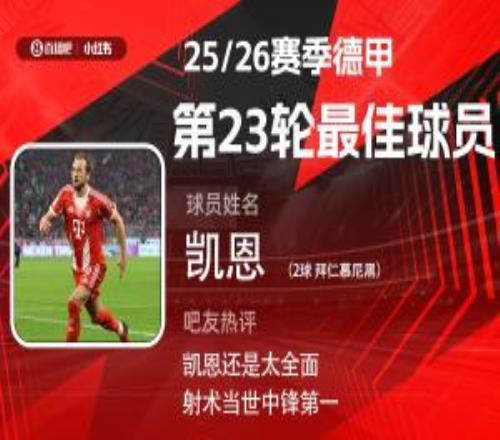 直播吧X小红书德甲第23轮最佳：凯恩双响4轮7球赛季第6次当选！