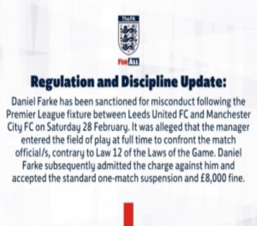 官方：法尔克对阵曼城赛后与裁判对峙，被停赛1场+罚款8000英镑