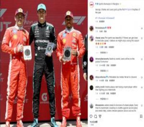 吴艳妮昨日为F1中国站冲刺赛前三颁奖，F1官方ins晒图裁掉吴艳妮