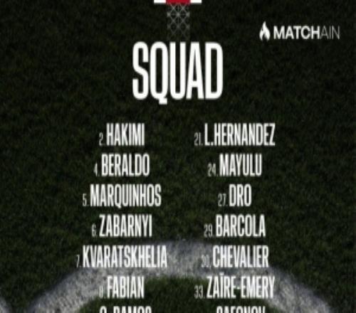 巴黎对阵里昂大名单：法比安回归，登贝莱、阿什拉夫、杜埃在列