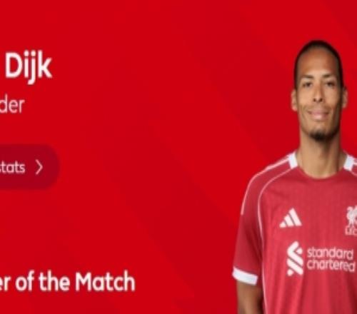 头球绝杀！英超官方：范戴克当选利物浦21埃弗顿全场最佳球员