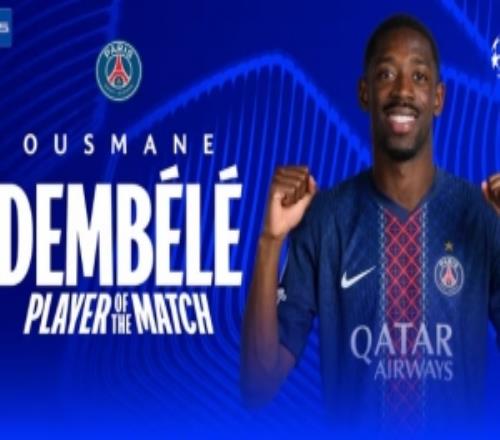 2射1传！欧冠官方：登贝莱当选巴黎54拜仁一役全场最佳球员