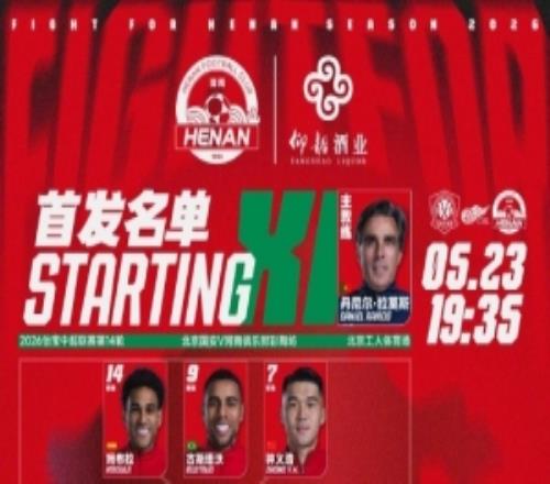 中超联赛第14轮北京国安VS河南俱乐部彩陶坊首发及替补队员名单