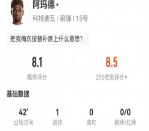 阿玛德本场替补2射进1球7过人5成功+9对抗6成功获评8.1分