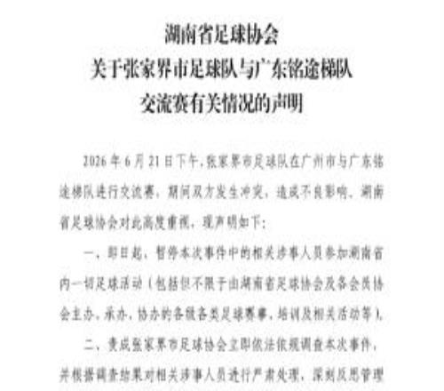 湖南省足协声明:暂停张家界队涉事人员参加省内一切足球活动