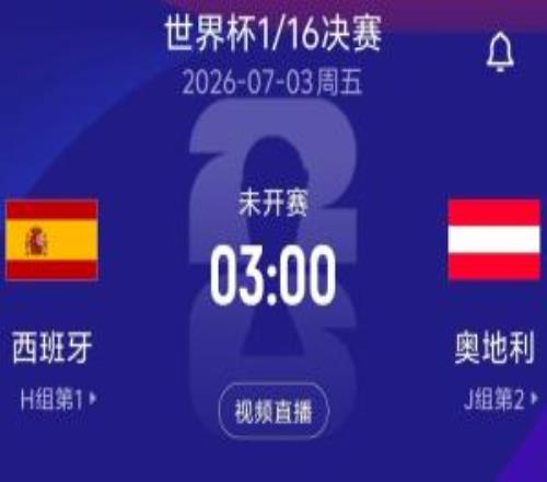 116决赛对阵：H1西班牙对阵J2奥地利！北京时间7月3日300开球