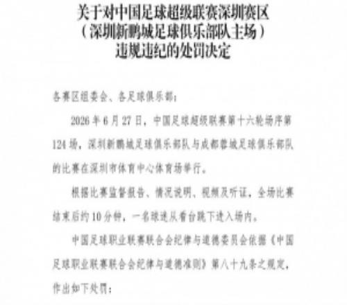 官方：深圳新鹏城主场赛后一球迷从看台跳入场内，深圳赛区被警告