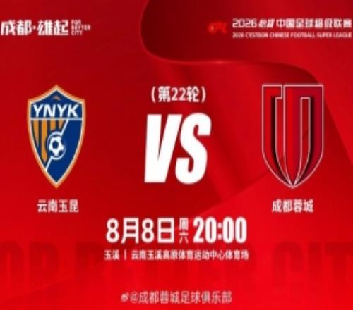 比赛日云南玉昆vs成都蓉城8月8日周六2000成都，雄起！