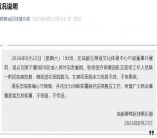 蓉城官方：一观众赛前突发晕倒，经医院全力抢救无效，不幸离世