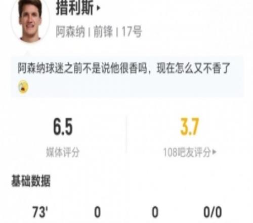 措利斯本场0射门、0过人、0要害传球5对抗3乐成获评6.5分