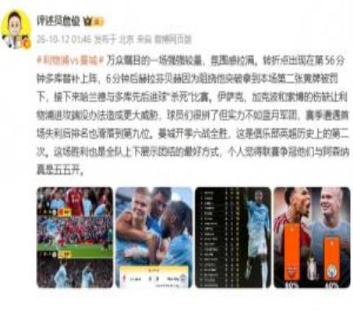 詹俊：比赛转折点是多库的上场曼城联赛争冠与阿森纳五五开
