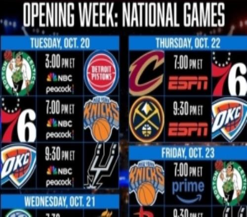 NBA揭幕战明天开打：活塞VS凯尔特人尼克斯VS76人马刺VS雷霆