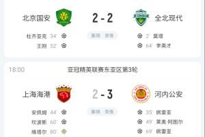 难求一胜！中超3队本轮亚冠1平2负，仅国安拿分+上海双雄主场输球